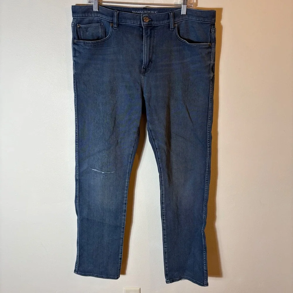 Banana‎ Republic The Traveler Slim Jeans 36x32 Blue Denim Distressed Casual Mens